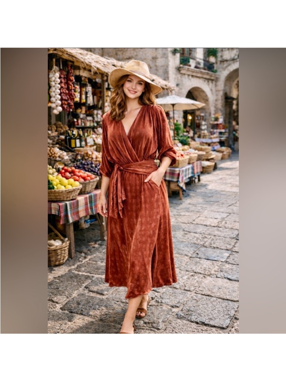 Callahan Burnt Orange Wrap Maxi Dress with Waist Tie